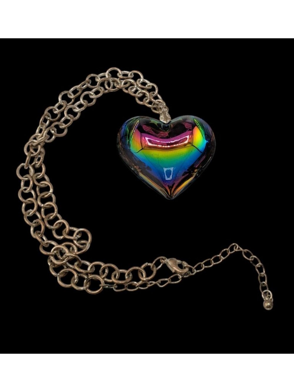Vintage Rainbow Iridescent Art Glass Heart Necklace